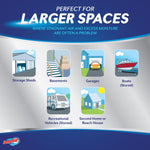 Graphic titled “Perfect for Larger Spaces” with icons for storage sheds, basements, garages, boats, RVs and second homes
