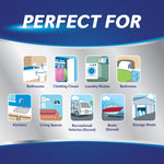 Infographic titled 'Perfect For' with icons showing rooms and storage spaces where DampRid can be used