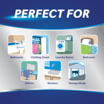 Illustrated grid of icons under the heading “Perfect For,” showing bathrooms, closets, laundry, bedrooms, offices, kitchens and storage sheds.