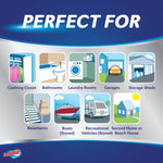 Graphic titled ‘Perfect For’ showing icons of clothing closet, bathroom, laundry, garage, storage shed, basement, boat, RV and second home