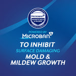 Blue Microban seal and text stating the product inhibits surface mold and mildew growth on a branded background