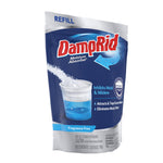 Angled front view of a DampRid fragrance-free refill pouch with product illustration and benefit claims on blue packaging