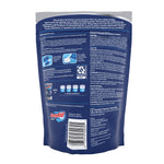 Back of a DampRid refill pouch showing directions, warnings, barcode and small product illustrations on blue packaging