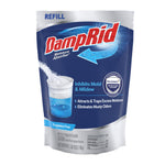 Front-facing DampRid refill pouch in blue packaging labeled fragrance free with product illustration and benefits text