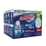Angled view of DampRid Refill Pack box showing front and left side panel with usage icons and branding