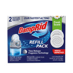 Front-facing DampRid Refill Pack box showing logo, drop-in tablet graphic and 'Fresh Scent' banner