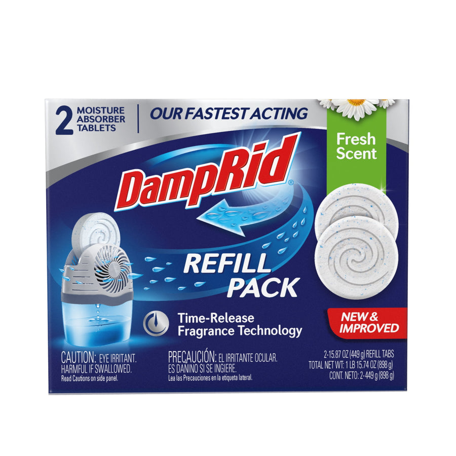 Front-facing DampRid Refill Pack box showing logo, drop-in tablet graphic and 'Fresh Scent' banner