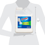 DampRid refill jug shown against a gray mannequin outline with dimensions indicated, front label visible