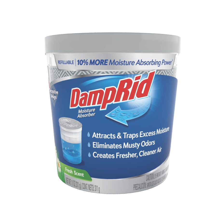 Front view of a DampRid refillable moisture absorber canister with product claims on label.