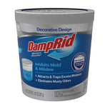 DampRid refillable moisture absorber canister with decorative blue label showing brand and moisture-collection graphic