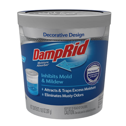 DampRid refillable moisture absorber canister with decorative blue label showing brand and moisture-collection graphic