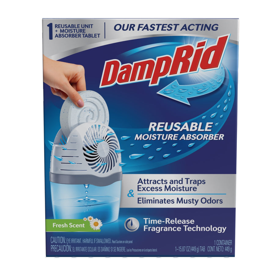 Boxed DampRid reusable moisture absorber packaging showing unit with drop-in tablet and brand logo