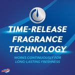 Graphic tile reading 'Time-Release Fragrance Technology' on a blue background with DampRid logo