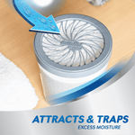 Top-down view of a DampRid canister showing the vented lid with an illustrated blue arrow indicating moisture attraction.