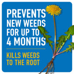 Graphic of a dandelion with roots and bold text claiming the product prevents new weeds for up to 4 months