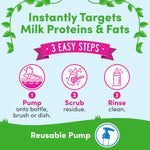 Instruction graphic with three steps: pump, scrub, rinse, with icons and Dapple branding