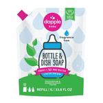 Fragrance-free Dapple Baby bottle and dish soap refill pouch with blue drops and green label graphics