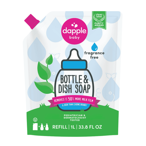 Fragrance-free Dapple Baby bottle and dish soap refill pouch with blue drops and green label graphics
