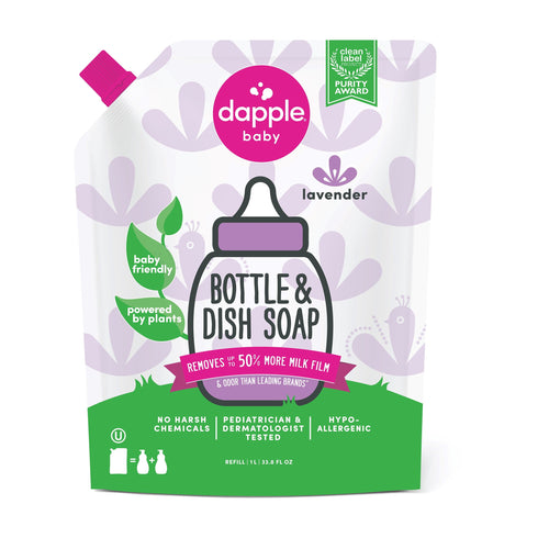 Front of a Dapple Baby lavender-scented bottle & dish soap refill pouch with product name and badges