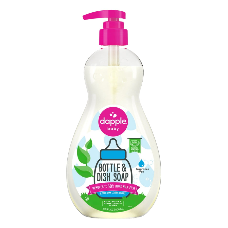 Clear pump bottle of Dapple Baby Bottle & Dish Soap with pink pump and product label visible