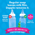 Blue infographic showing two baby bottles side-by-side, Dapple logo and claim that Dapple removes milk film