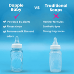 Split infographic comparing Dapple Baby (left) and traditional soaps (right) above two baby bottles on blue background
