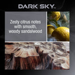 Promotional panel with 'DARK SKY' title, citrus fruit photo and wood texture with scent description text.