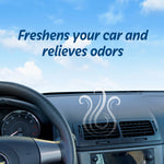 Car dashboard scene with text 'Freshens your car and relieves odors' and a stylized scent graphic rising from the air vent.