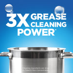Blue promotional graphic with large text stating 3X grease cleaning power above a stainless steel pot and soap bubbles