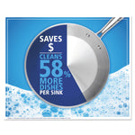 Promotional graphic showing a stainless frying pan and text: "CLEANS 58% MORE DISHES PER SINK" over blue bubbly background