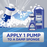 Promotional graphic showing a Dawn pump bottle, refill bottle, sponge and bubbles with text instructing ‘Apply 1 pump to a damp sponge’.