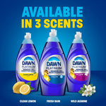 Three Dawn Platinum bottles displayed with 'Available in 3 scents' headline showing Fresh Rain in center