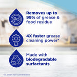 Infographic panel listing benefits: removes up to 99% of grease, 4X faster grease cleaning power, made with biodegradable surfactants