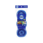 Clear retail package containing three blue Dawn poly mesh scrubbers with Dawn logo and label visible