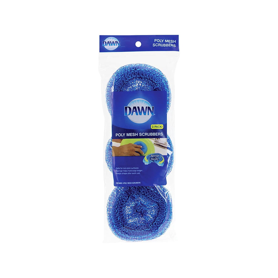 Clear retail package containing three blue Dawn poly mesh scrubbers with Dawn logo and label visible