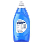 Rear view of a clear blue Dawn bottle showing the product back label, barcode and ingredient panel on a white background.