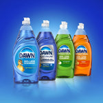 Row of four Dawn bottles in different colors and formulations displayed on a blue gradient background as a product lineup.