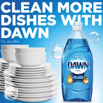 Dawn Ultra bottle beside stacked white dishes with headline promoting cleaning more dishes with Dawn on blue background