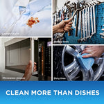 Four-panel lifestyle collage showing laundry stain, greasy tools, microwave mess, and a hand cleaning a wheel, with 'Clean more than dishes' text.