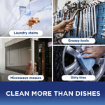 Four-photo collage showing laundry stain, greasy tools, microwave handle and tire being cleaned with headline 'Clean more than dishes'