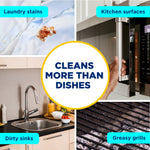 Split-image graphic showing laundry stain, kitchen surfaces, sink and grill with central ‘CLEANS MORE THAN DISHES’ text