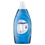 Rear view of a clear blue Dawn dish soap bottle showing the back label with ingredient and barcode panel