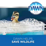 Dawn branding panel with an inset photo of a duckling among soap bubbles and 'Dawn helps save wildlife' text