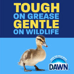 Promotional poster with a duckling above the Dawn logo and headline 'Tough on grease, gentle on wildlife' on blue background.