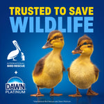 Two fluffy ducklings on a blue background with trusted to save wildlife headline and Dawn Platinum branding