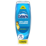 Inverted Dawn EZ-Squeeze bottle with blue label, duckling logo and '50% less scrubbing' callout, 22 fl oz marker