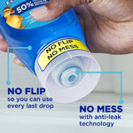 Close-up of a hand holding an upside-down Dawn bottle with a cap label "NO FLIP NO MESS" and product feature callouts