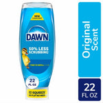 Upside-down blue Dawn EZ-Squeeze bottle with duck logo and 22 fl oz label