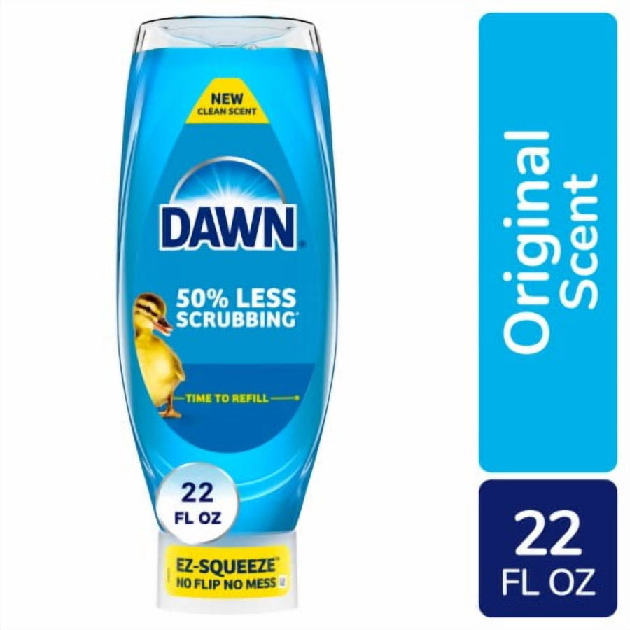 Upside-down blue Dawn EZ-Squeeze bottle with duck logo and 22 fl oz label