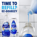 Split image showing two Dawn Platinum Plus bottles beside an open bottle being refilled, copy reads Time to Refill? EZ-Squeezy